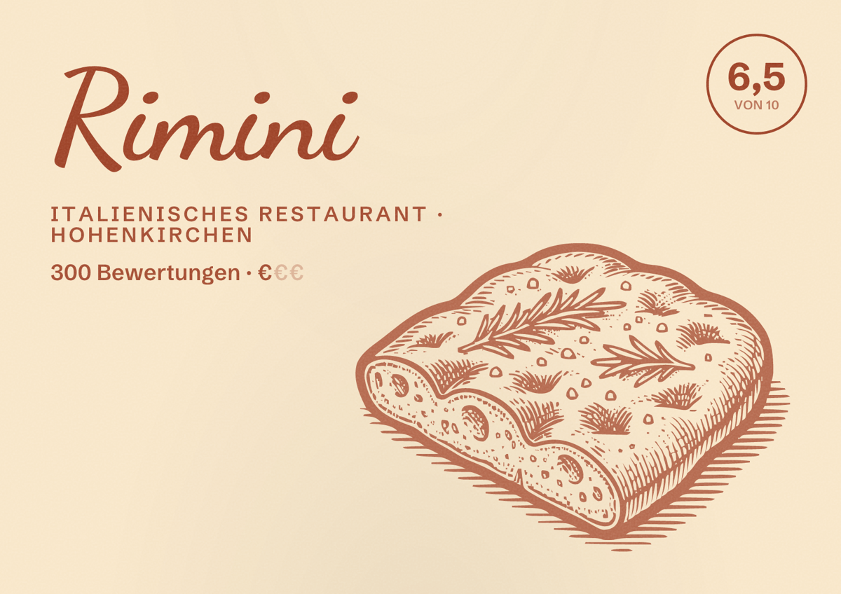 Illustriertes Poster von Rimini, Italienisches Restaurant in Hohenkirchen: Bewertung 6,5 von 10 aus 300 Bewertungen, Preisniveau €