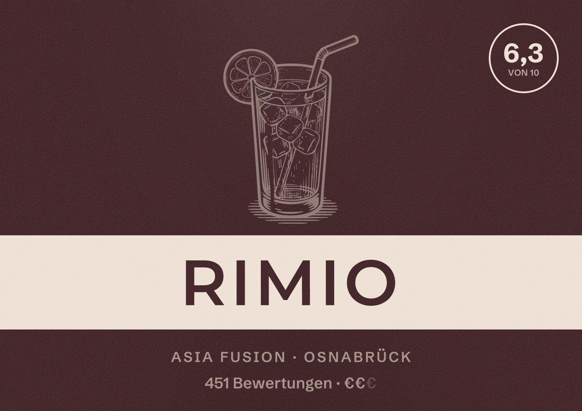 Illustriertes Poster von Rimio, Asia Fusion in Osnabrück: Bewertung 6,3 von 10 aus 451 Bewertungen, Preisniveau €€