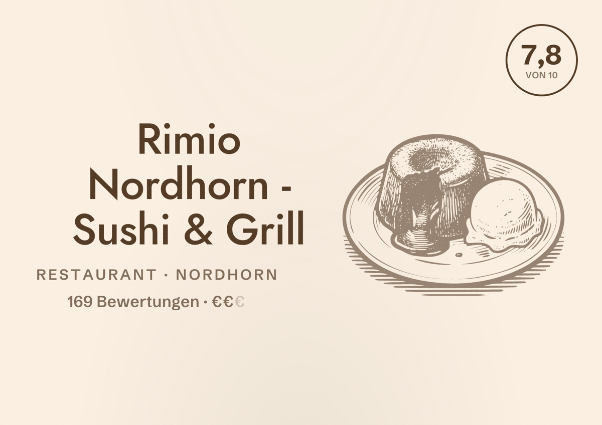 Illustriertes Poster von Rimio Nordhorn - Sushi & Grill, Restaurant in Nordhorn: Bewertung 7,8 von 10 aus 169 Bewertungen, Preisniveau €€