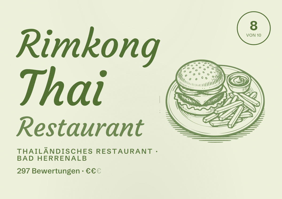 Illustriertes Poster von Rimkong Thai Restaurant, Thailändisches Restaurant in Bad Herrenalb: Bewertung 8 von 10 aus 297 Bewertungen, Preisniveau €€