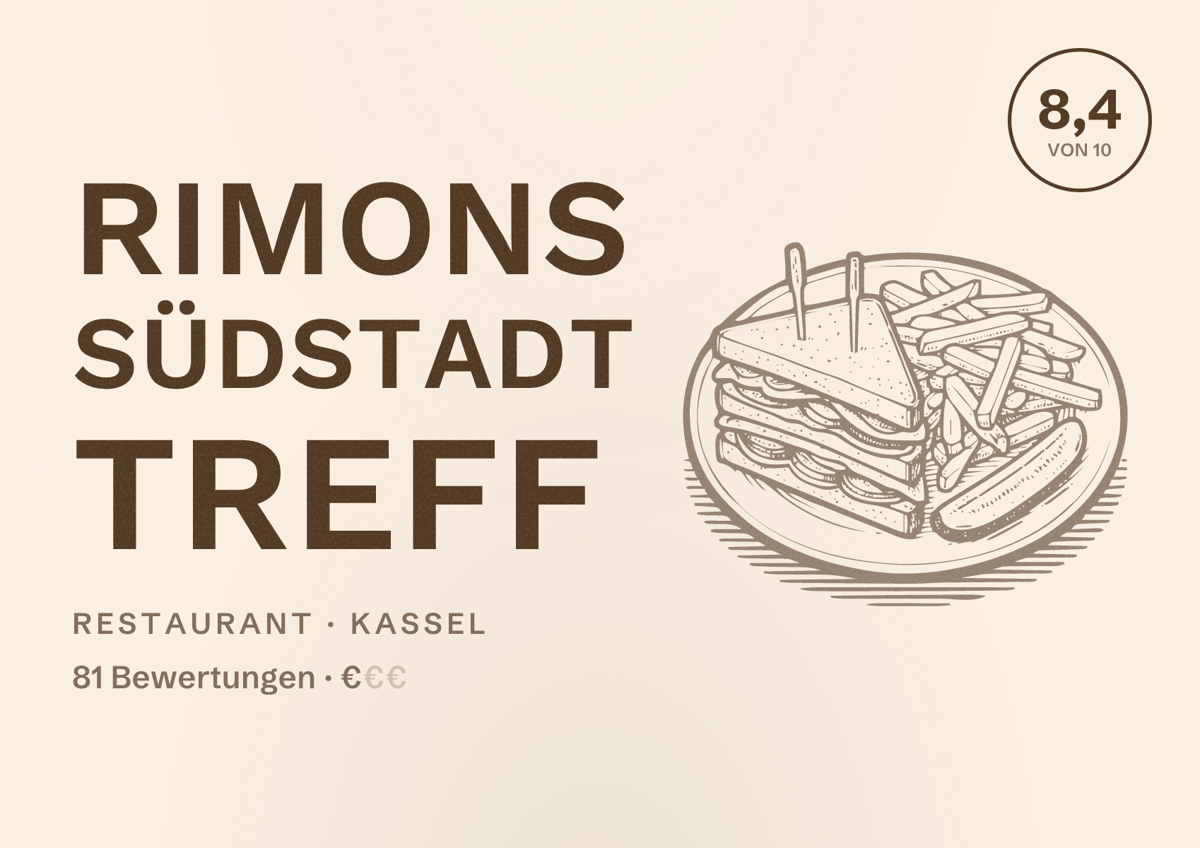 Illustriertes Poster von Rimons Südstadt Treff, Restaurant in Kassel: Bewertung 8,4 von 10 aus 81 Bewertungen, Preisniveau €