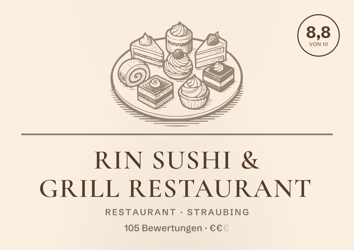 Illustriertes Poster von Rin Sushi & Grill Restaurant, Restaurant in Straubing: Bewertung 8,8 von 10 aus 105 Bewertungen, Preisniveau €€