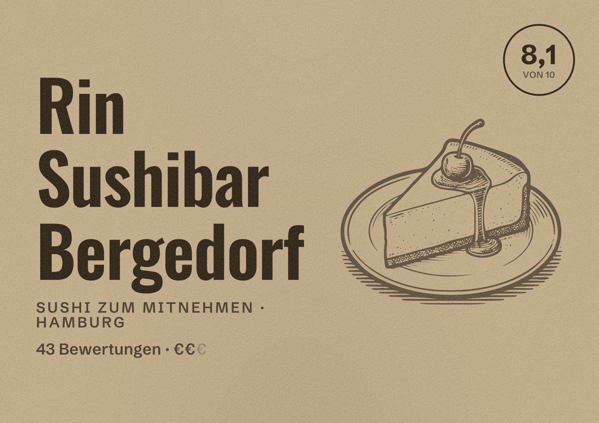 Illustriertes Poster von Rin Sushibar Bergedorf, Sushi zum Mitnehmen in Hamburg: Bewertung 8,1 von 10 aus 43 Bewertungen, Preisniveau €€