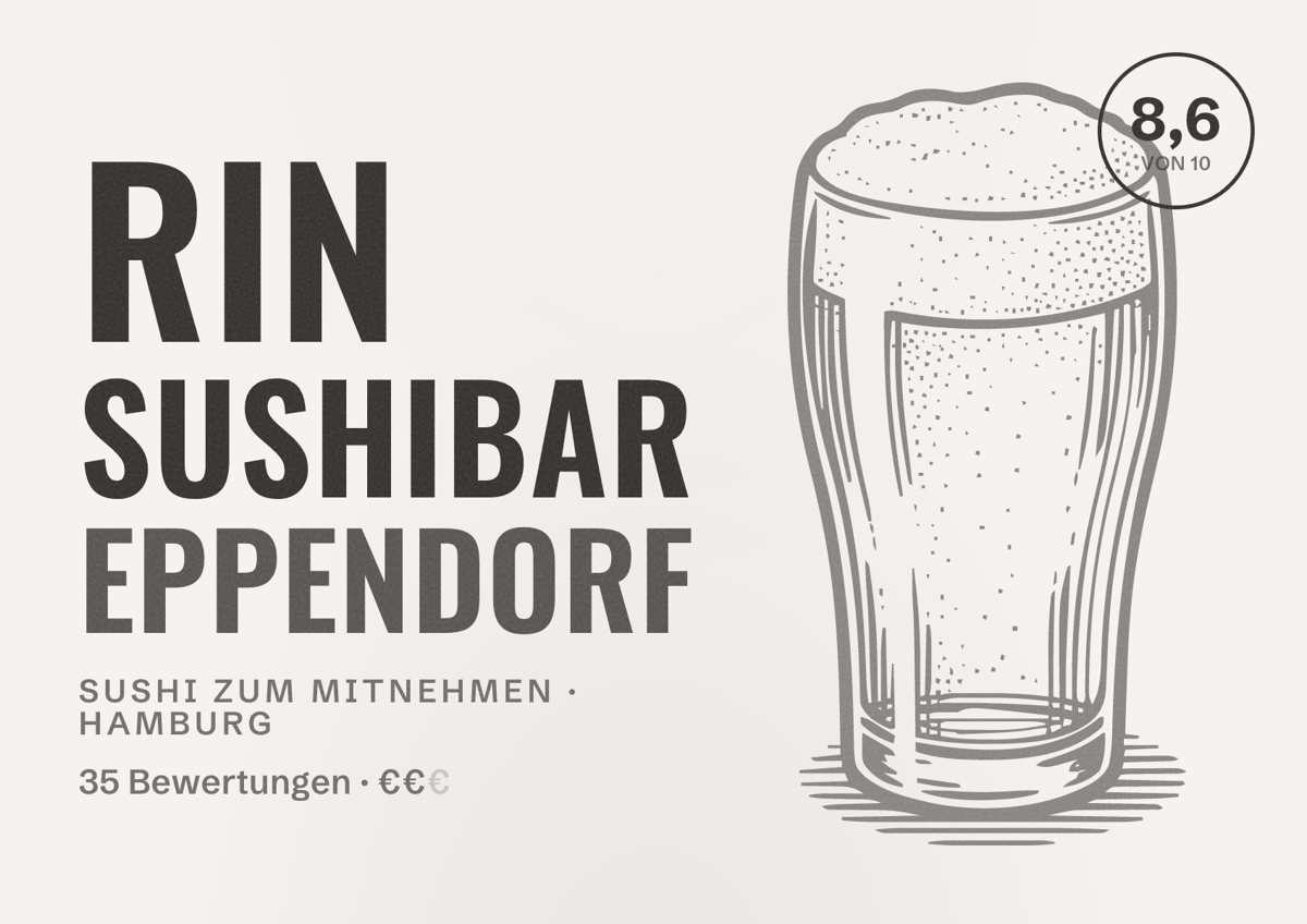 Illustriertes Poster von Rin Sushibar Eppendorf, Sushi zum Mitnehmen in Hamburg: Bewertung 8,6 von 10 aus 35 Bewertungen, Preisniveau €€