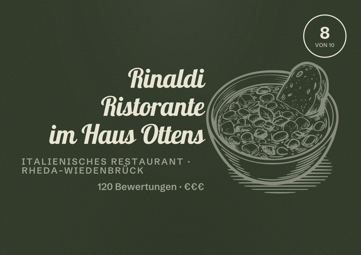Illustriertes Poster von Rinaldi Ristorante im Haus Ottens, Italienisches Restaurant in Rheda-Wiedenbrück: Bewertung 8 von 10 aus 120 Bewertungen, Preisniveau €€€