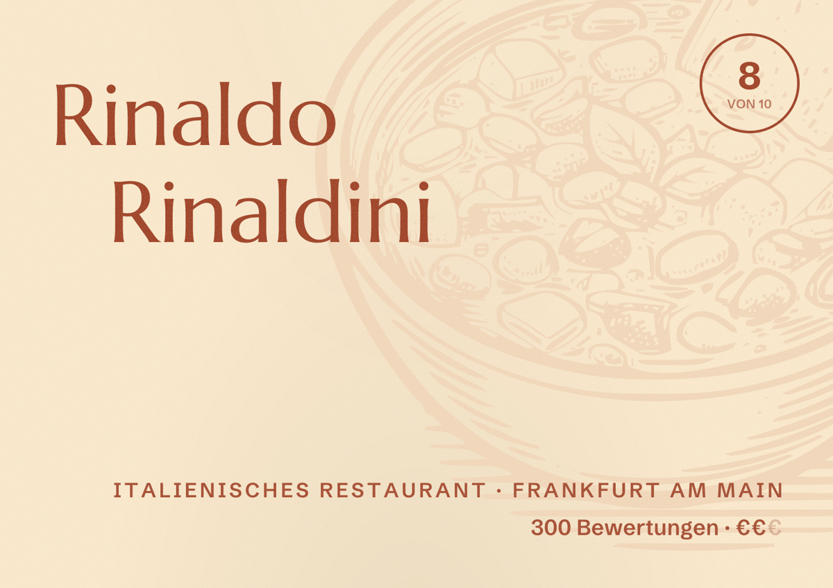 Illustriertes Poster von Rinaldo Rinaldini, Italienisches Restaurant in Frankfurt am Main: Bewertung 8,0 von 10 aus 300 Bewertungen, Preisniveau €€