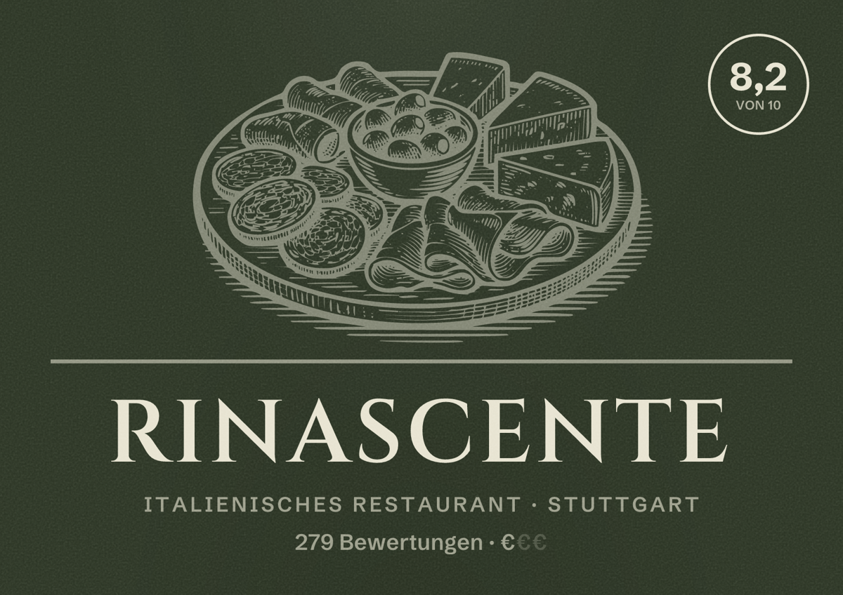Illustriertes Poster von Rinascente, Italienisches Restaurant in Stuttgart: Bewertung 8,2 von 10 aus 279 Bewertungen, Preisniveau €