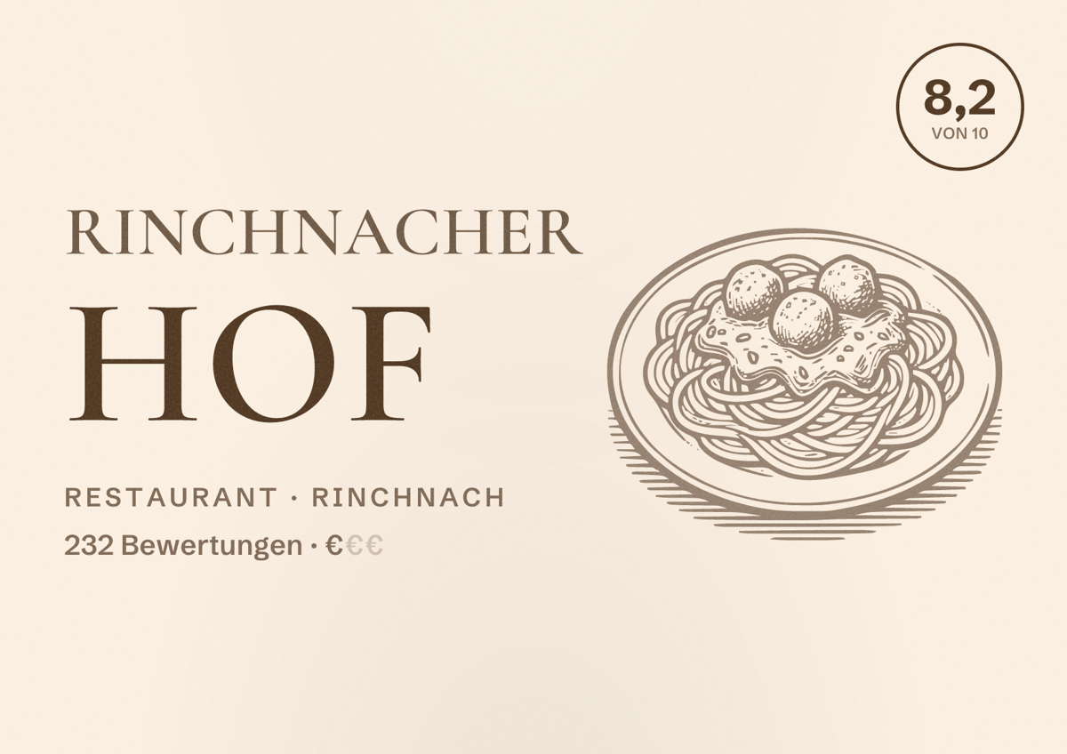Illustriertes Poster von Rinchnacher Hof, Restaurant in Rinchnach: Bewertung 8,2 von 10 aus 232 Bewertungen, Preisniveau €