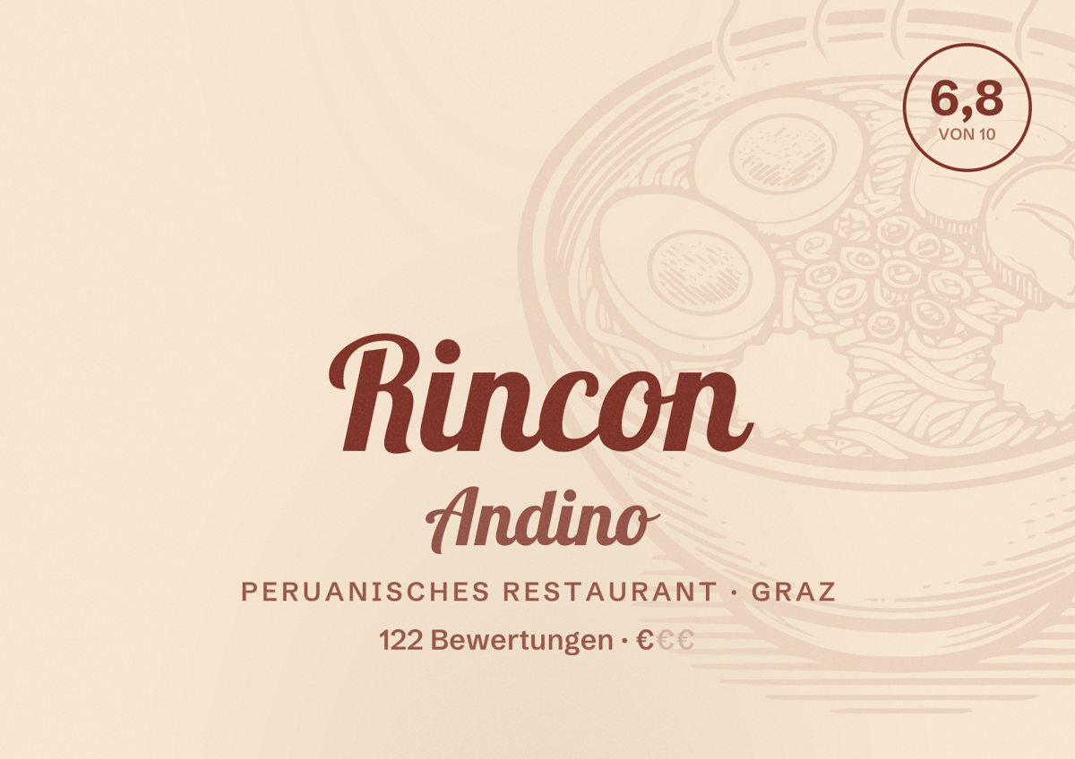 Illustriertes Poster von Rincon Andino, Peruanisches Restaurant in Graz: Bewertung 6,8 von 10 aus 122 Bewertungen, Preisniveau €