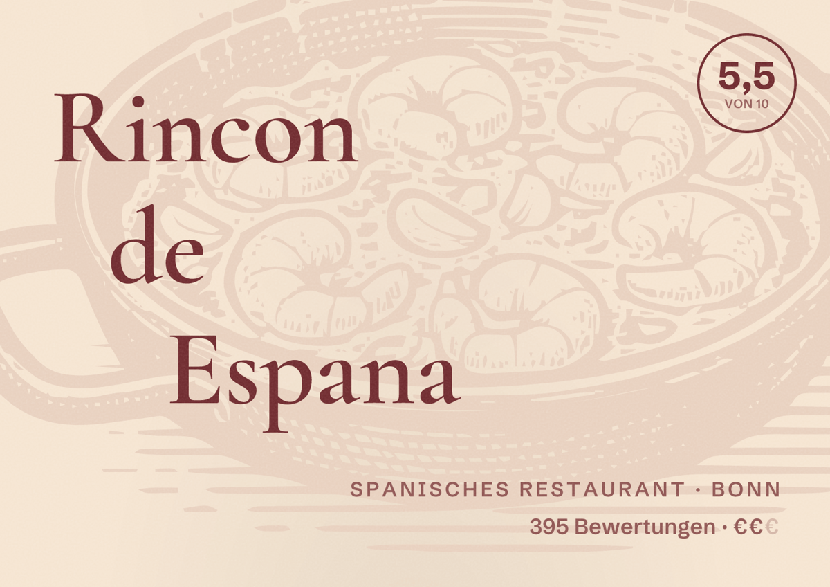 Illustriertes Poster von Rincon de Espana, Spanisches Restaurant in Bonn: Bewertung 5,5 von 10 aus 395 Bewertungen, Preisniveau €€