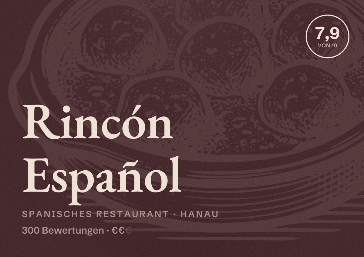 Illustriertes Poster von Rincón Español, Spanisches Restaurant in Hanau: Bewertung 7,9 von 10 aus 300 Bewertungen, Preisniveau €€