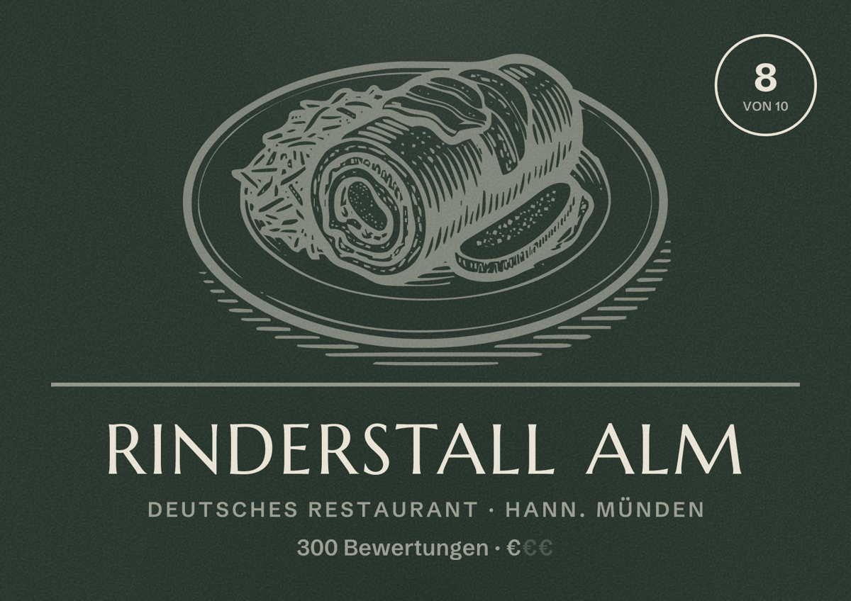 Illustriertes Poster von Rinderstall Alm, Deutsches Restaurant in Hann. Münden: Bewertung 8 von 10 aus 300 Bewertungen, Preisniveau €