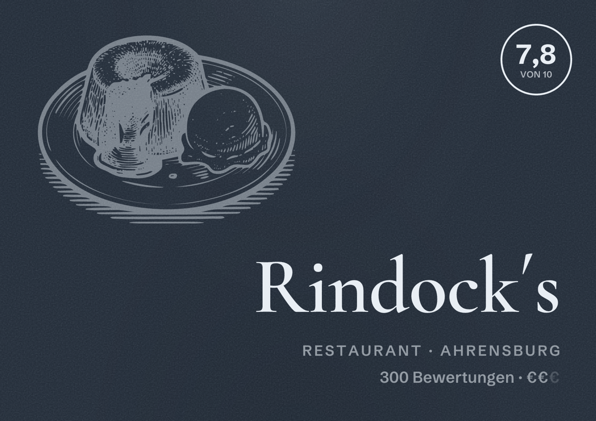 Illustriertes Poster von Rindock´s, Restaurant in Ahrensburg: Bewertung 7,8 von 10 aus 300 Bewertungen, Preisniveau €€