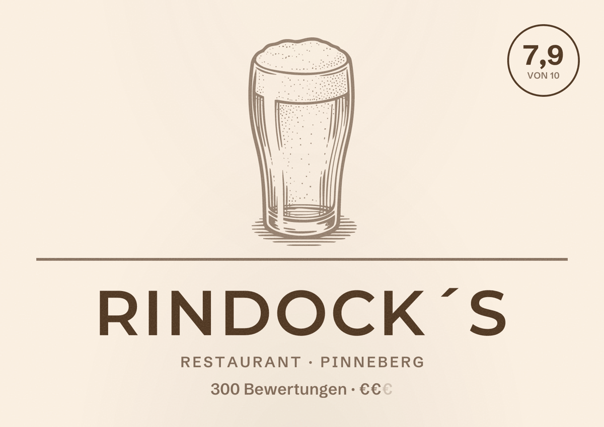 Illustriertes Poster von Rindock´s, Restaurant in Pinneberg: Bewertung 7,9 von 10 aus 300 Bewertungen, Preisniveau €€