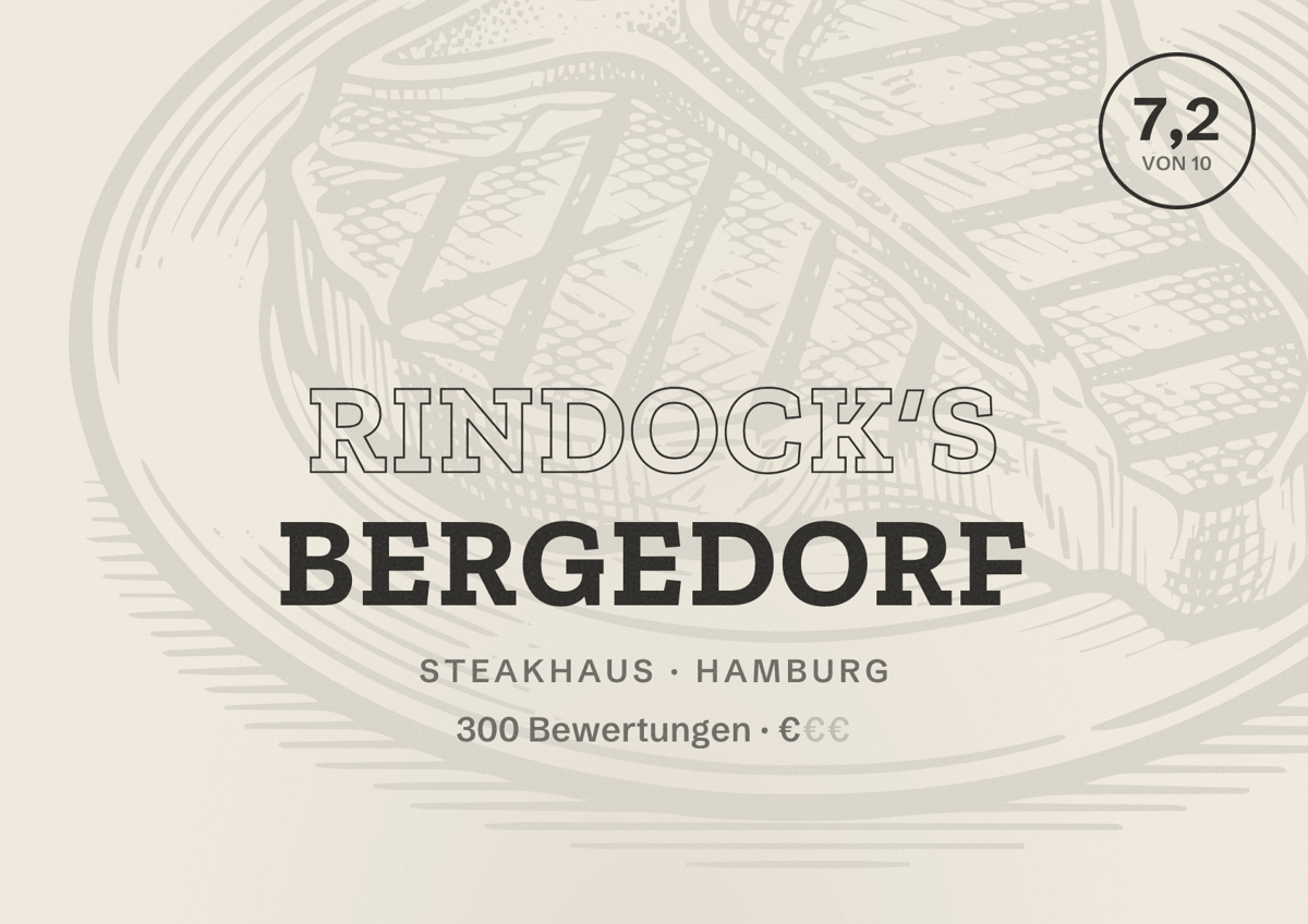 Illustriertes Poster von Rindock‘s Bergedorf, Steakhaus in Hamburg: Bewertung 7,2 von 10 aus 300 Bewertungen, Preisniveau €