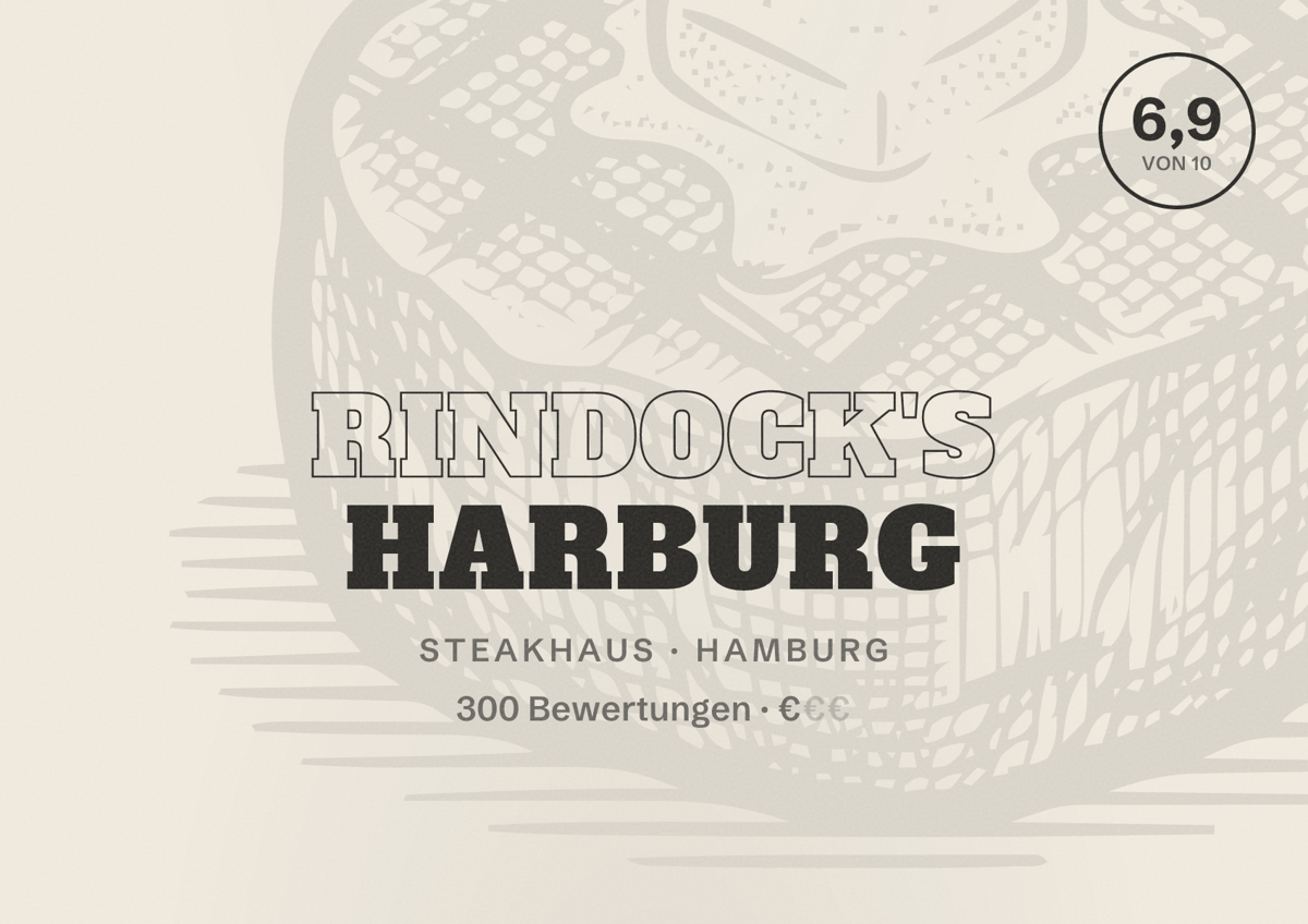 Illustriertes Poster von Rindock's Harburg, Steakhaus in Hamburg: Bewertung 6,9 von 10 aus 300 Bewertungen, Preisniveau €