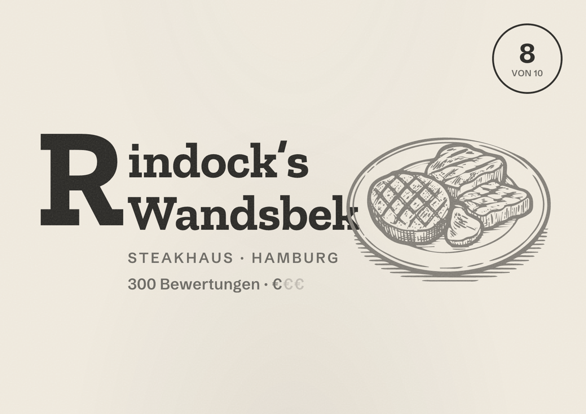 Illustriertes Poster von Rindock’s Wandsbek, Steakhaus in Hamburg: Bewertung 8,0 von 10 aus 300 Bewertungen, Preisniveau €