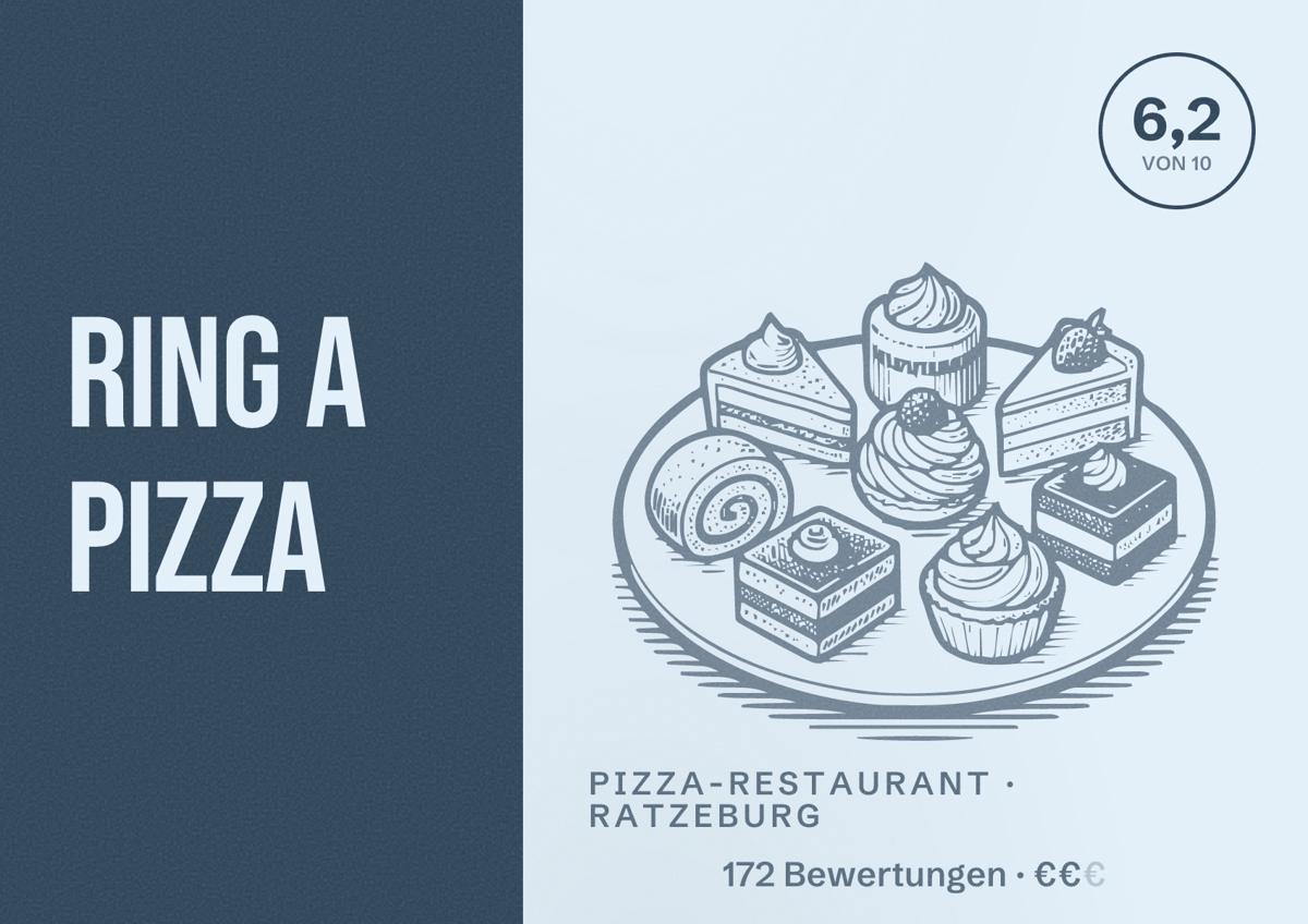 Illustriertes Poster von Ring A Pizza, Pizza-Restaurant in Ratzeburg: Bewertung 6,2 von 10 aus 172 Bewertungen, Preisniveau €€
