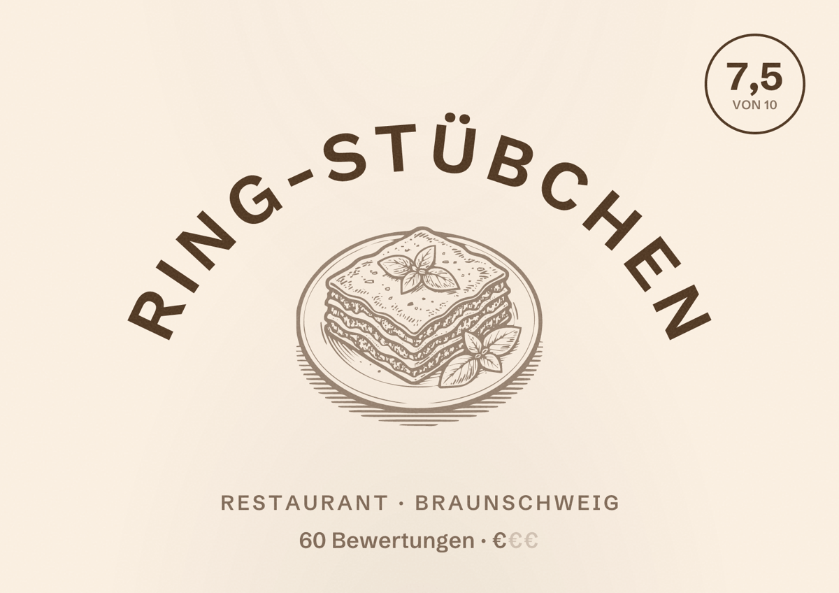 Illustriertes Poster von Ring-Stübchen, Restaurant in Braunschweig: Bewertung 7,5 von 10 aus 60 Bewertungen, Preisniveau €