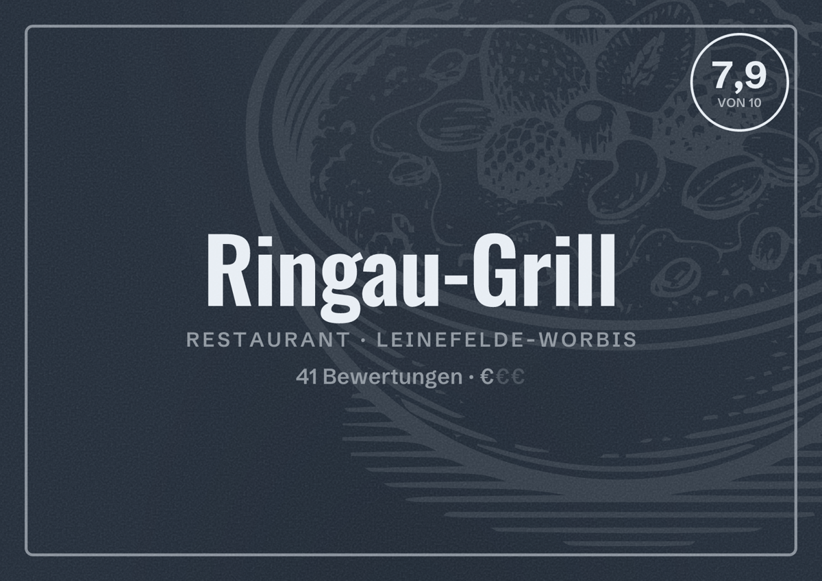 Illustriertes Poster von Ringau-Grill, Restaurant in Leinefelde-Worbis: Bewertung 7,9 von 10 aus 41 Bewertungen, Preisniveau €