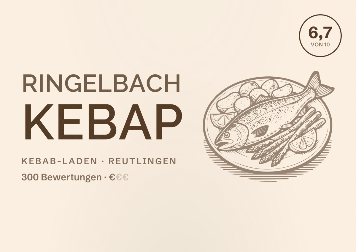 Illustriertes Poster von Ringelbach Kebap, Kebab-Laden in Reutlingen: Bewertung 6,7 von 10 aus 300 Bewertungen, Preisniveau €