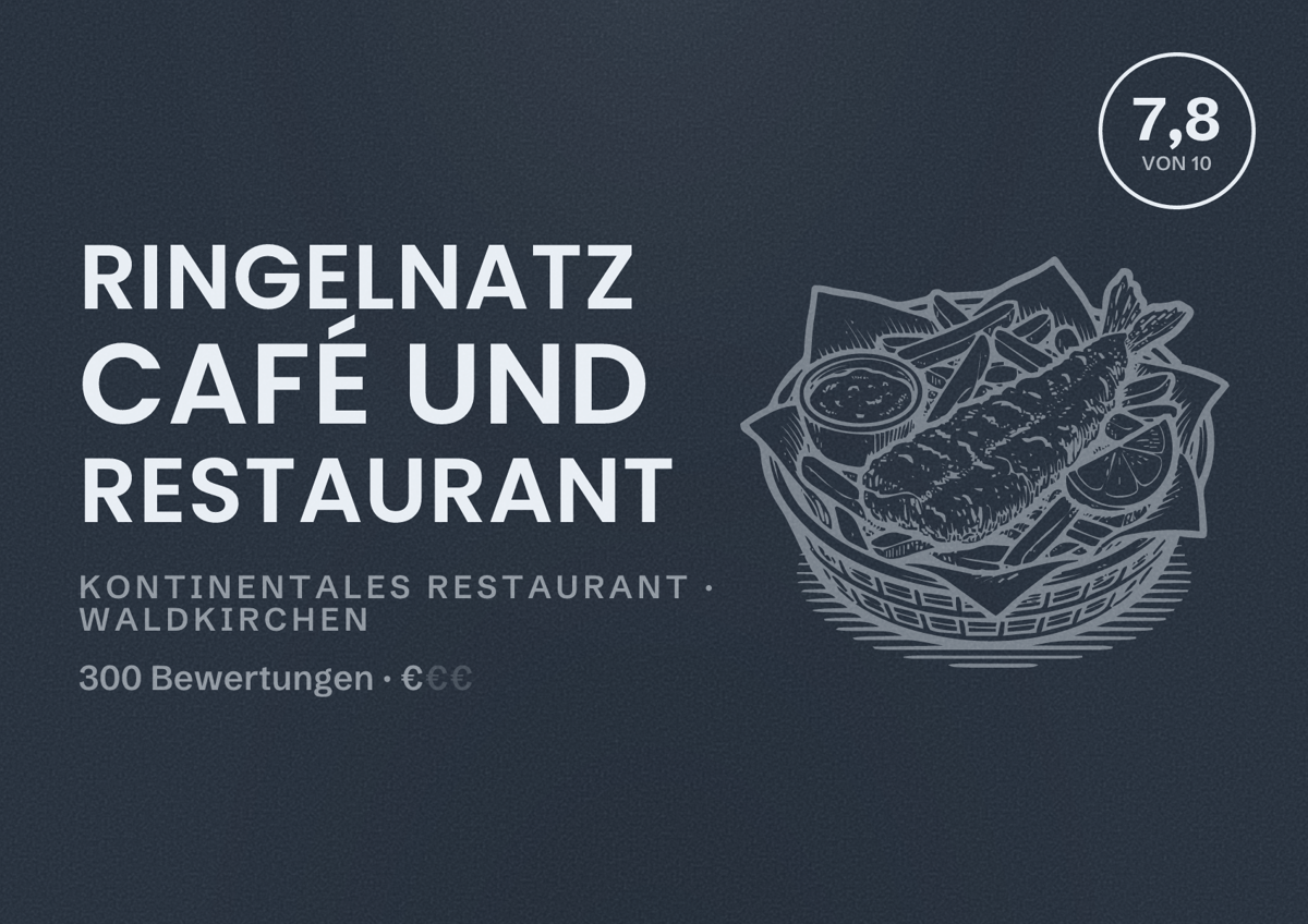 Illustriertes Poster von Ringelnatz Café und Restaurant, Kontinentales Restaurant in Waldkirchen: Bewertung 7,8 von 10 aus 300 Bewertungen, Preisniveau €