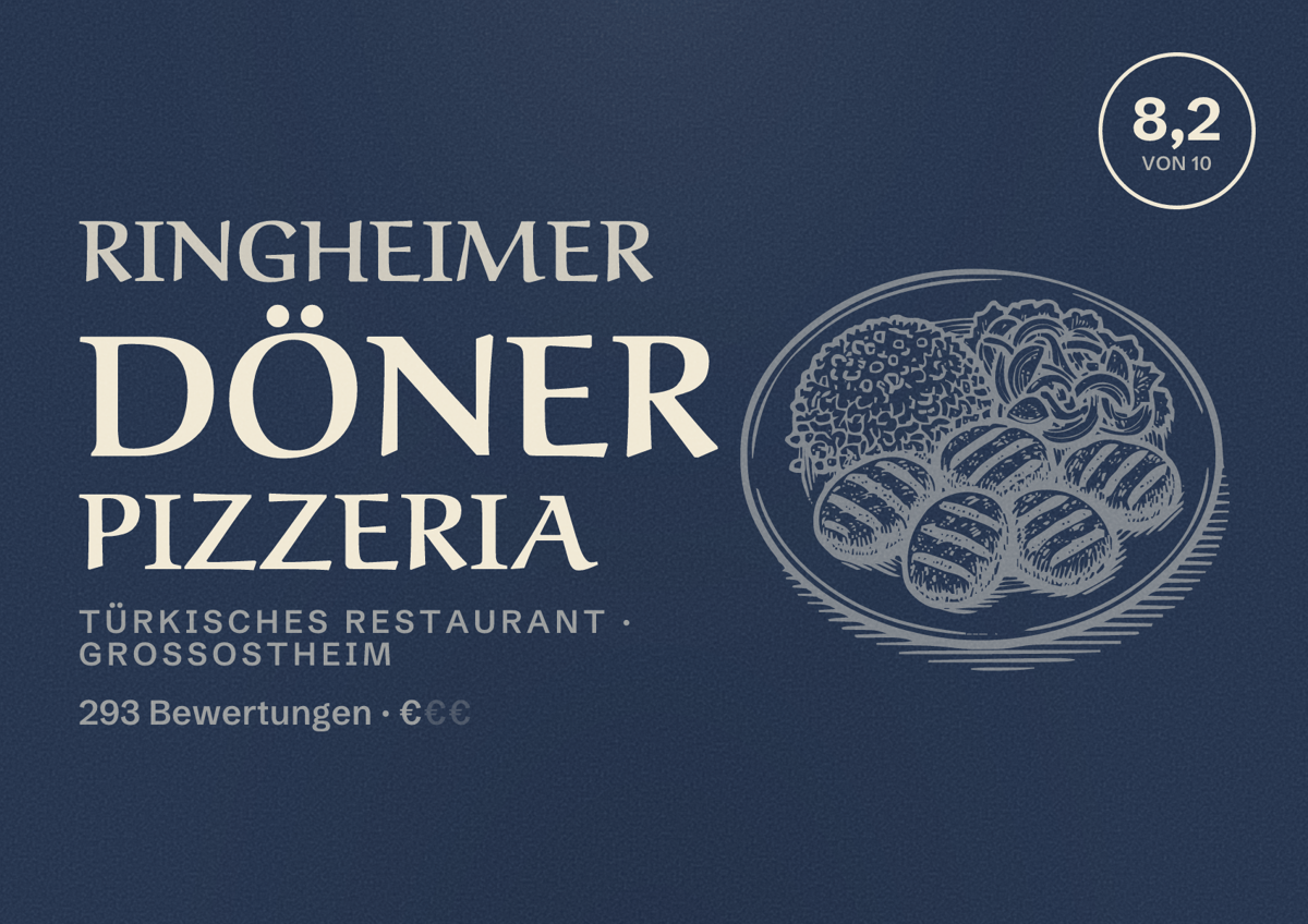 Illustriertes Poster von Ringheimer Döner Pizzeria, Türkisches Restaurant in Großostheim: Bewertung 8,2 von 10 aus 293 Bewertungen, Preisniveau €