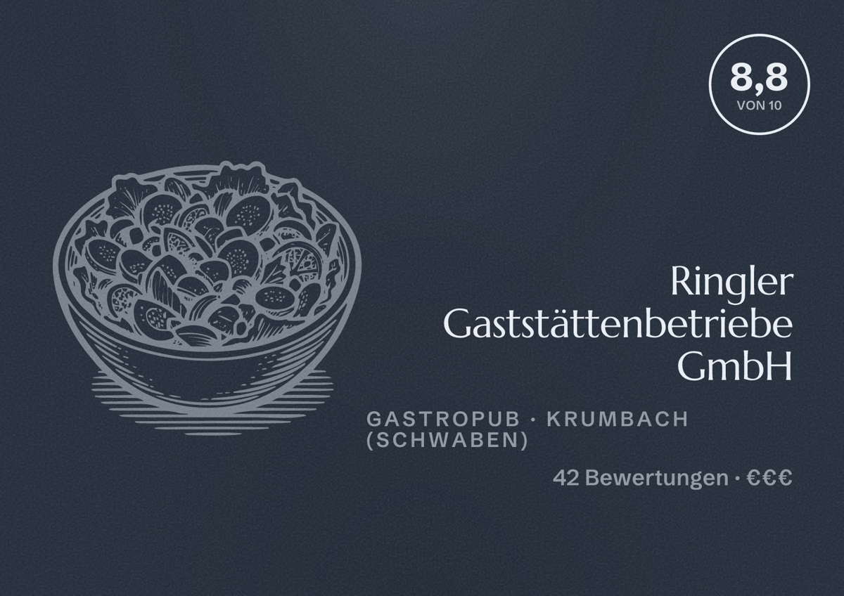 Illustriertes Poster von Ringler Gaststättenbetriebe GmbH, Gastropub in Krumbach (Schwaben): Bewertung 8,8 von 10 aus 42 Bewertungen, Preisniveau €€€