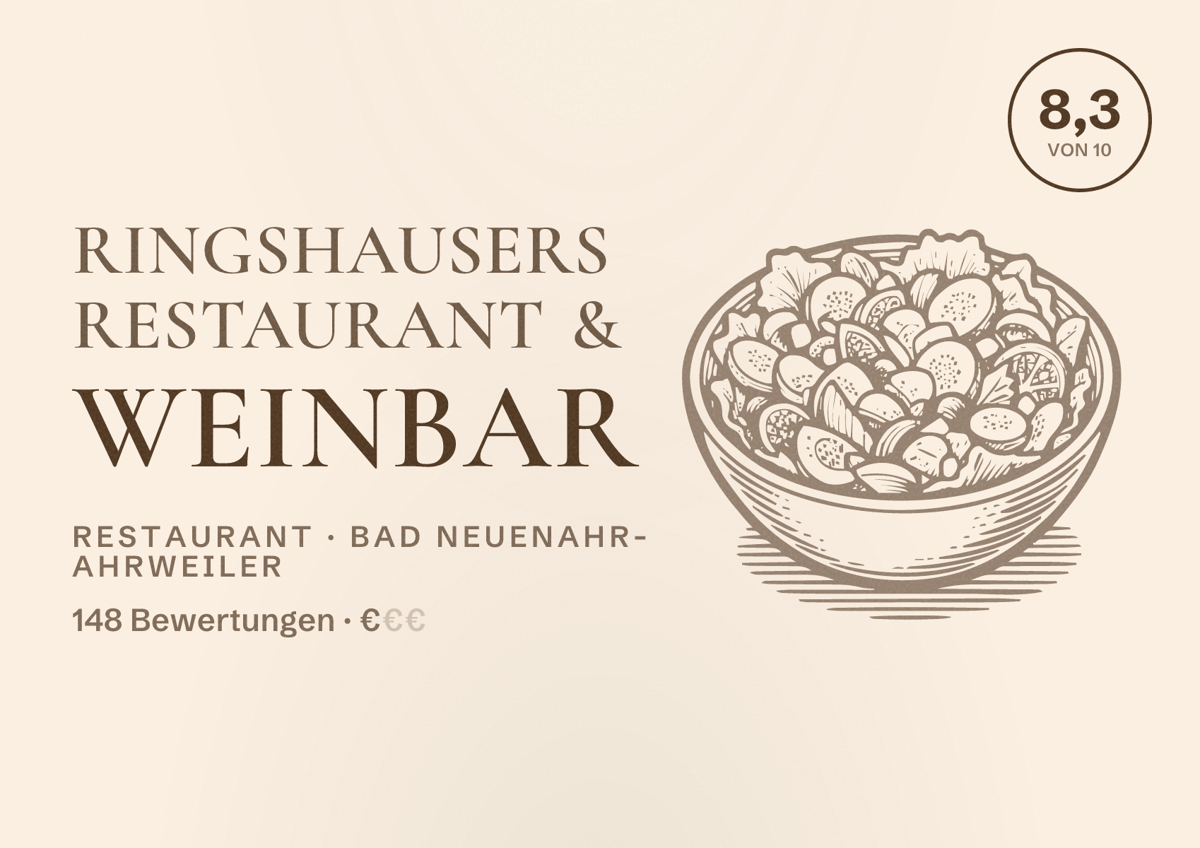 Illustriertes Poster von Ringshausers Restaurant & Weinbar, Restaurant in Bad Neuenahr-Ahrweiler: Bewertung 8,3 von 10 aus 148 Bewertungen, Preisniveau €