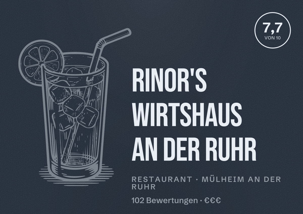 Illustriertes Poster von Rinor's Wirtshaus an der Ruhr, Restaurant in Mülheim an der Ruhr: Bewertung 7,7 von 10 aus 102 Bewertungen, Preisniveau €€€