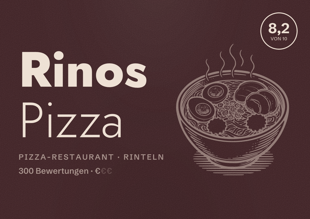 Illustriertes Poster von Rinos Pizza, Pizza-Restaurant in Rinteln: Bewertung 8,2 von 10 aus 300 Bewertungen, Preisniveau €