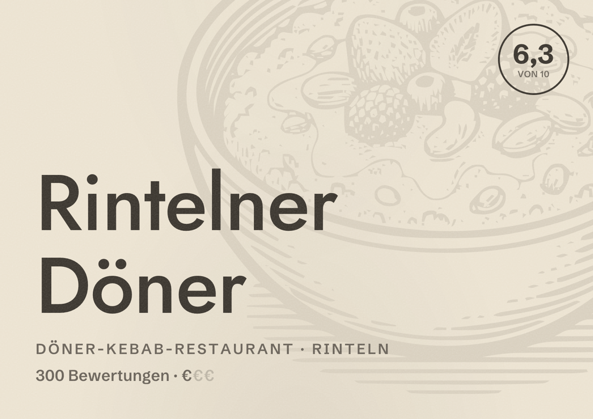 Illustriertes Poster von Rintelner Döner, Döner-Kebab-Restaurant in Rinteln: Bewertung 6,3 von 10 aus 300 Bewertungen, Preisniveau €