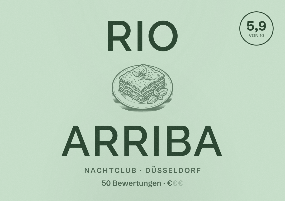 Illustriertes Poster von Rio Arriba, Nachtclub in Düsseldorf: Bewertung 5,9 von 10 aus 50 Bewertungen, Preisniveau €