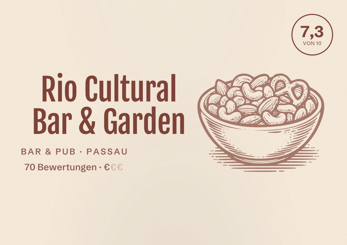 Illustriertes Poster von Rio Cultural Bar & Garden, Bar & Pub in Passau: Bewertung 7,3 von 10 aus 70 Bewertungen, Preisniveau €