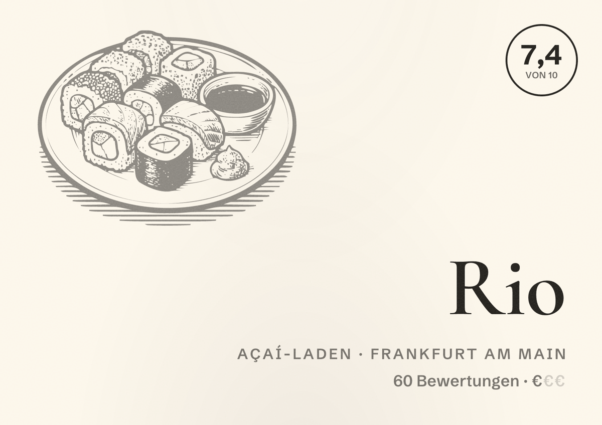 Illustriertes Poster von Rio, Açaí-Laden in Frankfurt am Main: Bewertung 7,4 von 10 aus 60 Bewertungen, Preisniveau €
