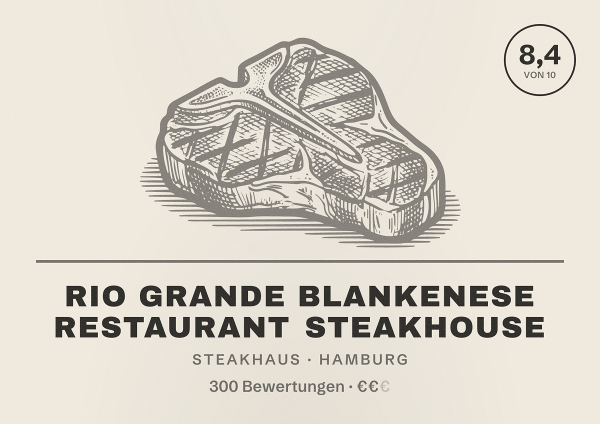 Illustriertes Poster von Rio Grande Blankenese Restaurant Steakhouse, Steakhaus in Hamburg: Bewertung 8,4 von 10 aus 300 Bewertungen, Preisniveau €€