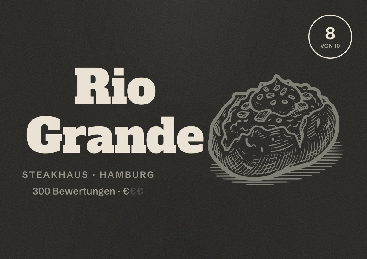 Illustriertes Poster von Rio Grande, Steakhaus in Hamburg: Bewertung 8,0 von 10 aus 300 Bewertungen, Preisniveau €
