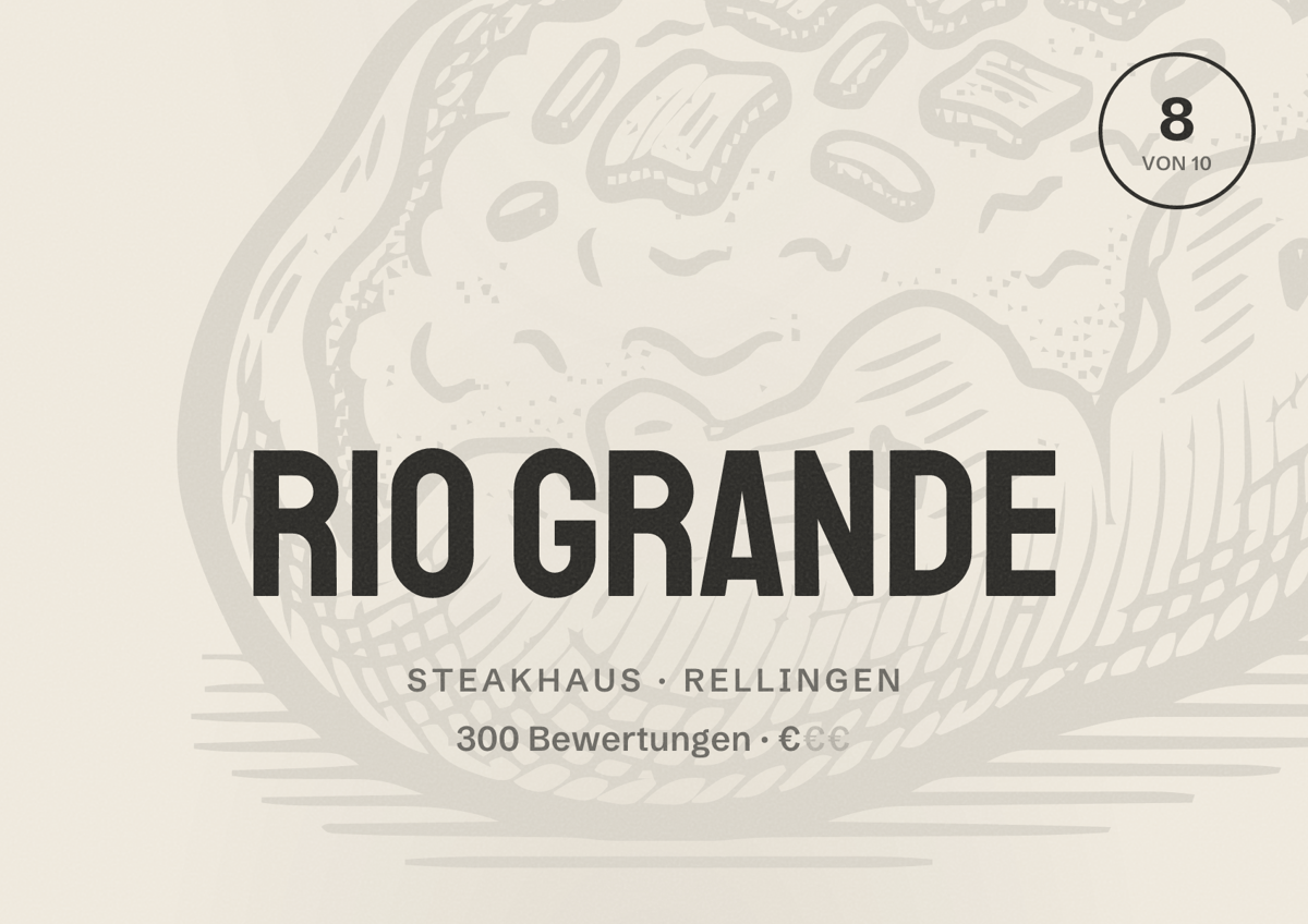 Illustriertes Poster von Rio Grande, Steakhaus in Rellingen: Bewertung 8 von 10 aus 300 Bewertungen, Preisniveau €
