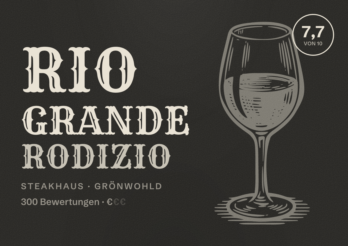 Illustriertes Poster von Rio Grande Rodizio, Steakhaus in Grönwohld: Bewertung 7,7 von 10 aus 300 Bewertungen, Preisniveau €