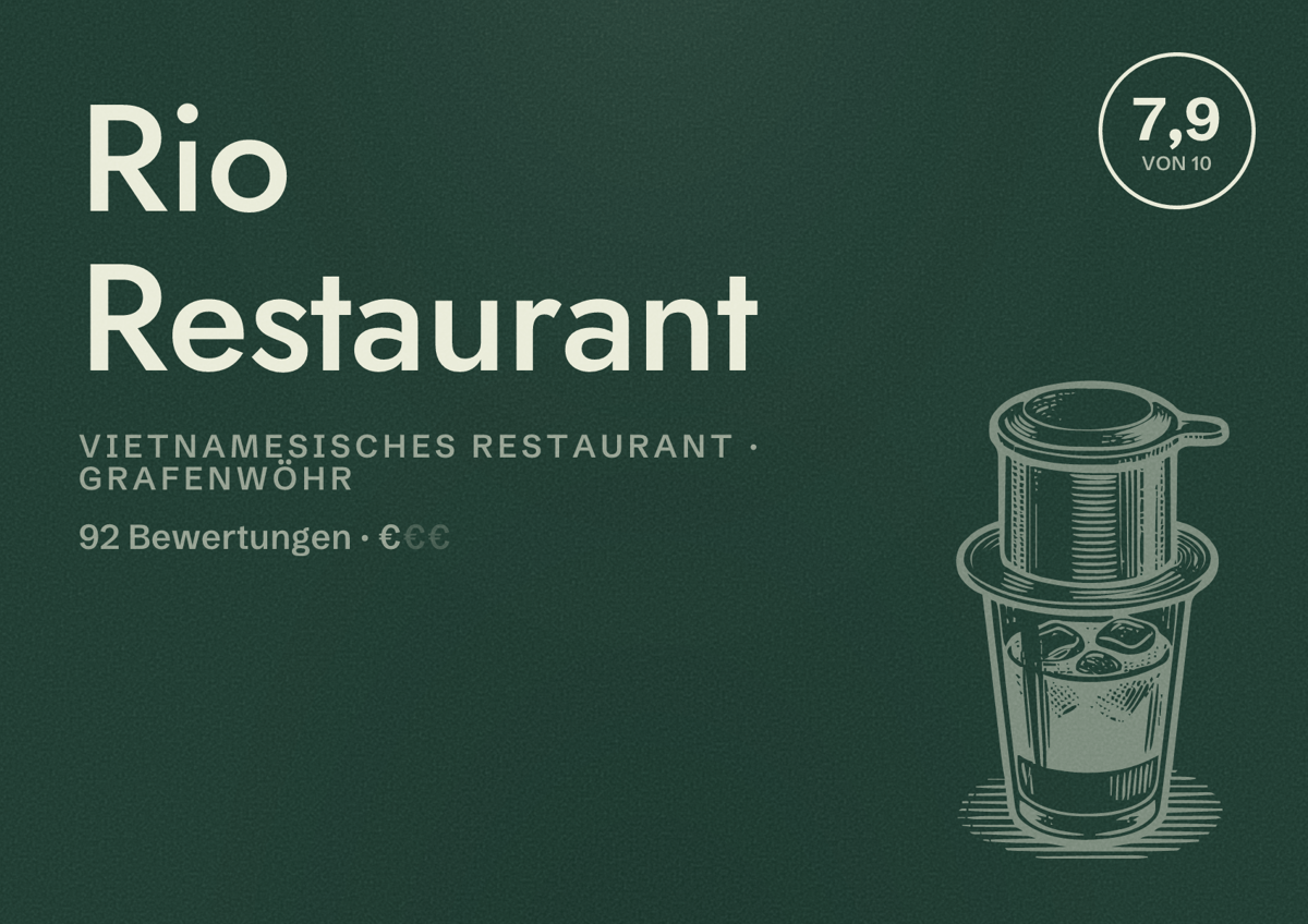 Illustriertes Poster von Rio Restaurant, Vietnamesisches Restaurant in Grafenwöhr: Bewertung 7,9 von 10 aus 92 Bewertungen, Preisniveau €
