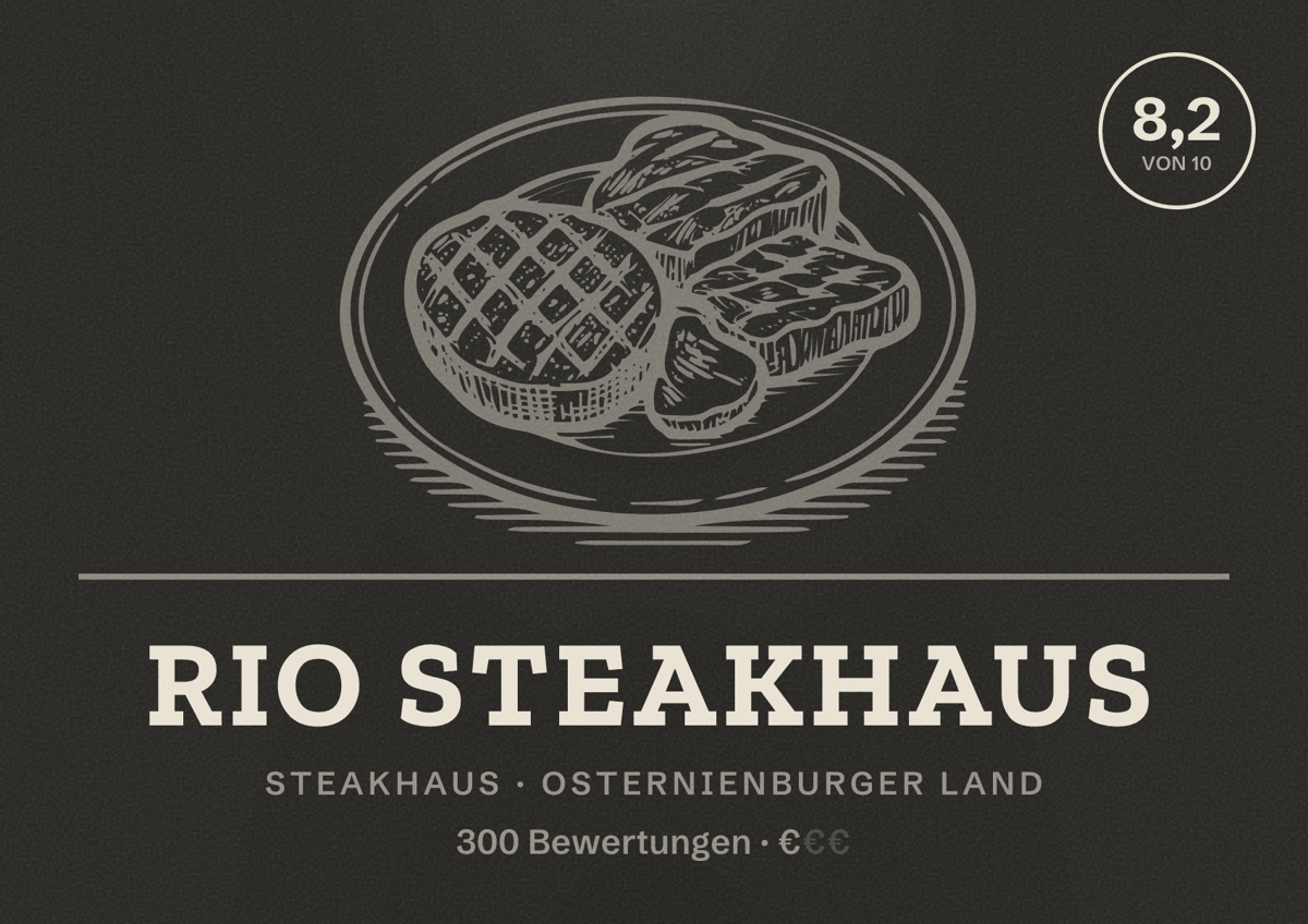 Illustriertes Poster von Rio Steakhaus, Steakhaus in Osternienburger Land: Bewertung 8,2 von 10 aus 300 Bewertungen, Preisniveau €