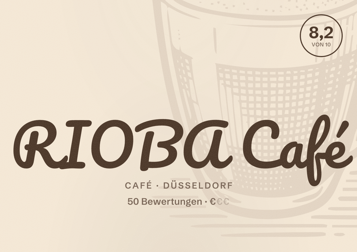 Illustriertes Poster von RIOBA Café, Café in Düsseldorf: Bewertung 8,2 von 10 aus 50 Bewertungen, Preisniveau €
