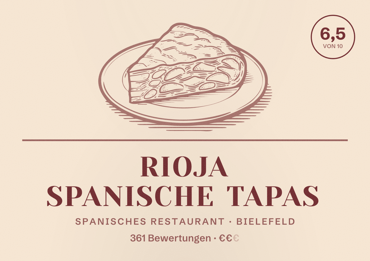 Illustriertes Poster von Rioja Spanische Tapas, Spanisches Restaurant in Bielefeld: Bewertung 6,5 von 10 aus 361 Bewertungen, Preisniveau €€