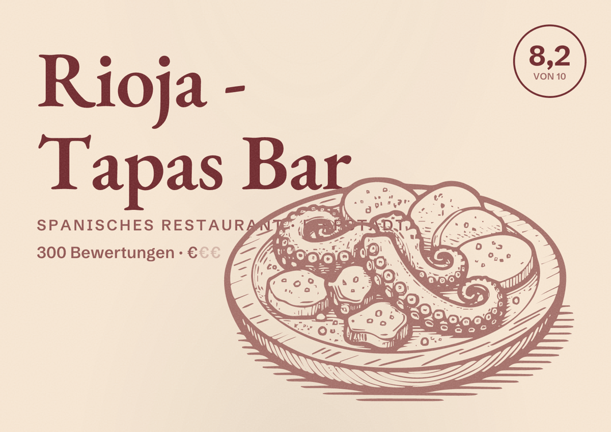 Illustriertes Poster von Rioja - Tapas Bar, Spanisches Restaurant in Lippstadt: Bewertung 8,2 von 10 aus 300 Bewertungen, Preisniveau €