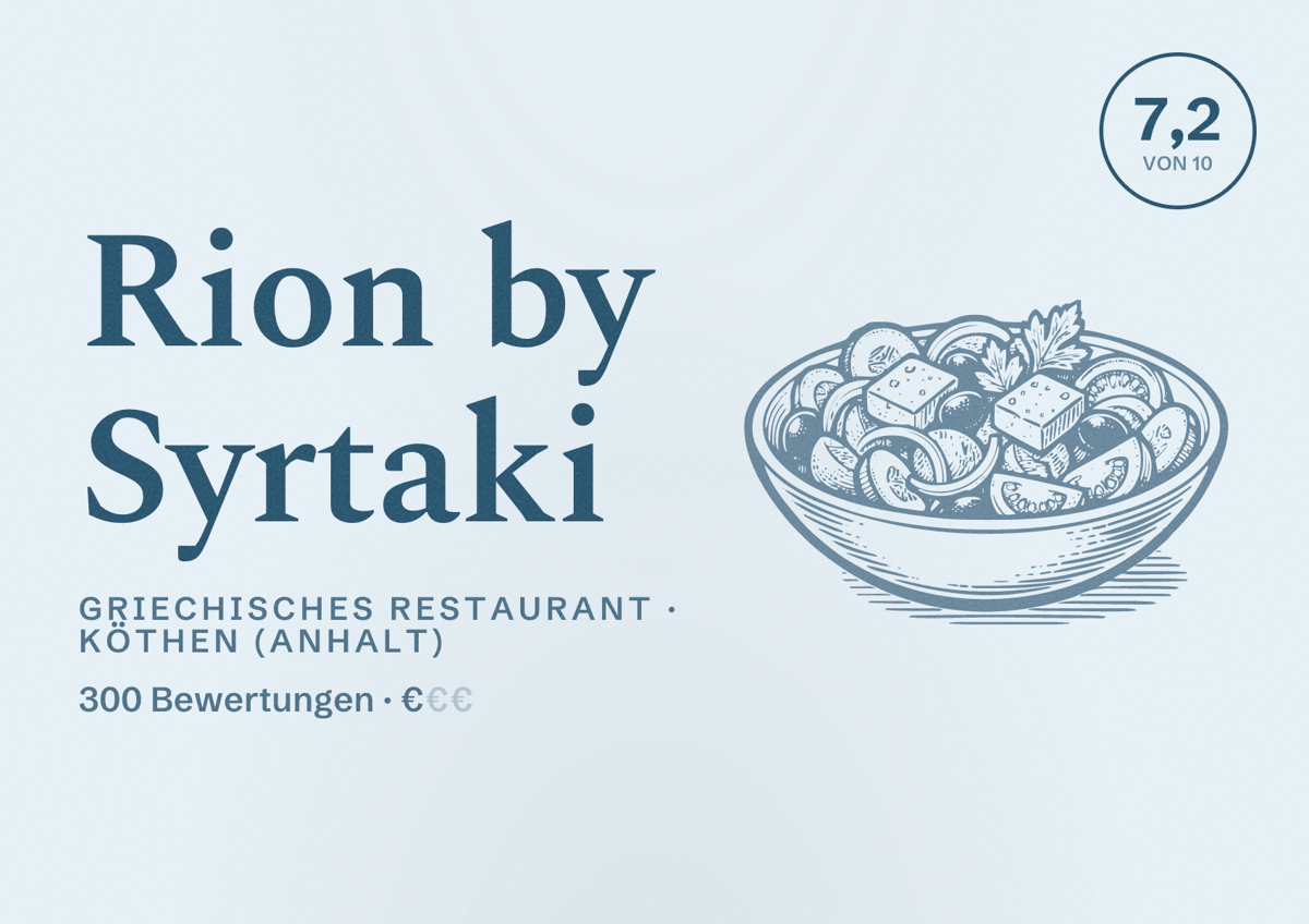 Illustriertes Poster von Rion by Syrtaki, Griechisches Restaurant in Köthen (Anhalt): Bewertung 7,2 von 10 aus 300 Bewertungen, Preisniveau €