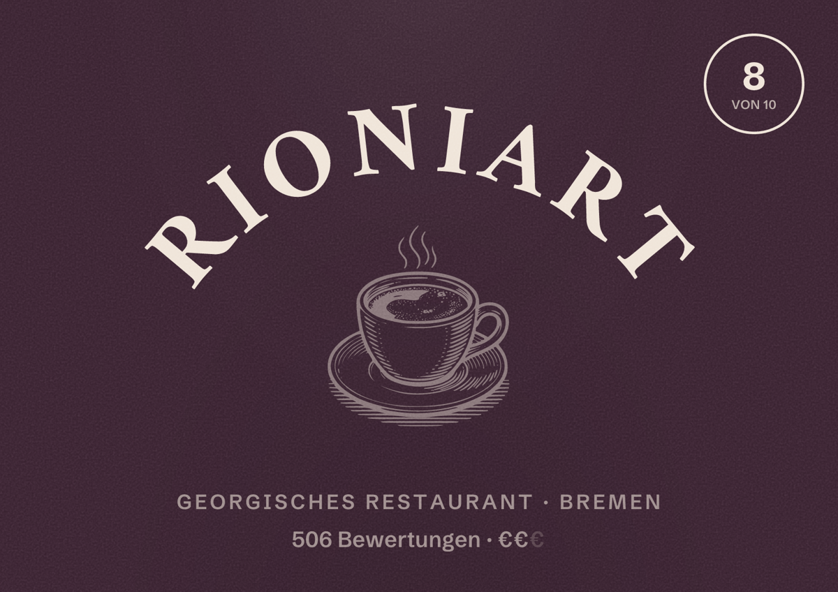 Illustriertes Poster von Rioniart, Georgisches Restaurant in Bremen: Bewertung 8 von 10 aus 506 Bewertungen, Preisniveau €€