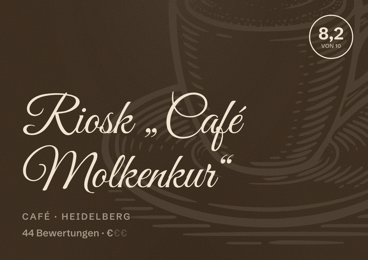 Illustriertes Poster von Riosk „Café Molkenkur“, Café in Heidelberg: Bewertung 8,2 von 10 aus 44 Bewertungen, Preisniveau €
