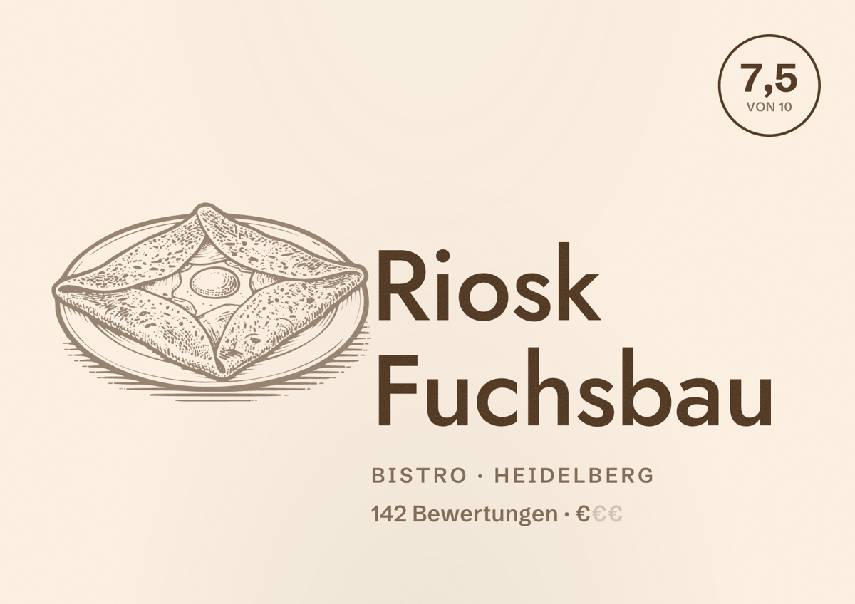 Illustriertes Poster von Riosk Fuchsbau, Bistro in Heidelberg: Bewertung 7,5 von 10 aus 142 Bewertungen, Preisniveau €