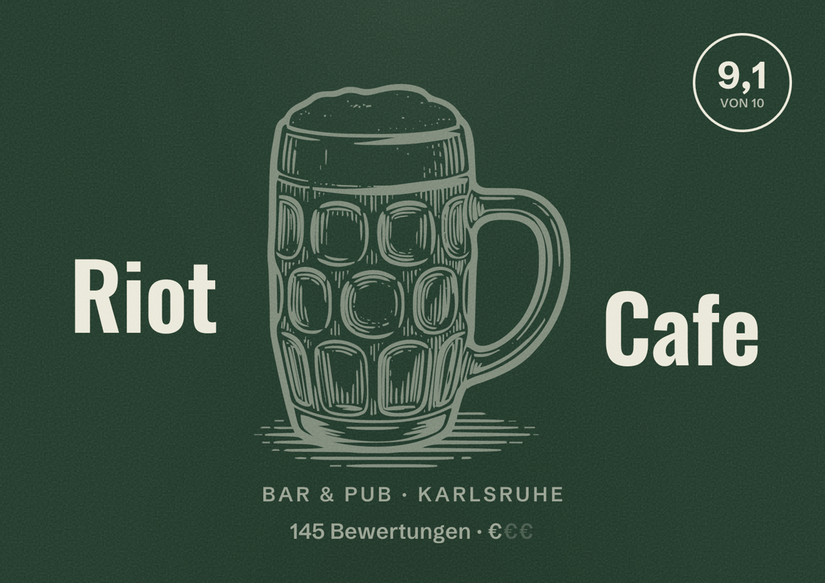 Illustriertes Poster von Riot Cafe, Bar & Pub in Karlsruhe: Bewertung 9,1 von 10 aus 145 Bewertungen, Preisniveau €