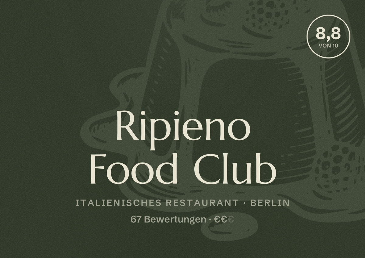 Illustriertes Poster von Ripieno Food Club, Italienisches Restaurant in Berlin: Bewertung 8,8 von 10 aus 67 Bewertungen, Preisniveau €€